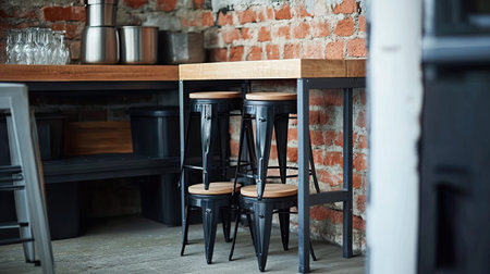 A stylish modern kitchen showcases a wooden bar table paired with sleek black stools, set against a rustic brick wall, creating an inviting atmosphere.の素材