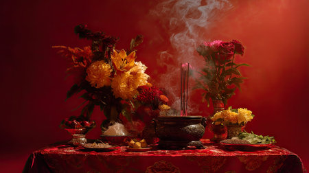 A serene altar scene featuring burning incense, vibrant flowers, and spiritual offerings on a richly decorated table, evoking tranquility and cultural traditions.の素材