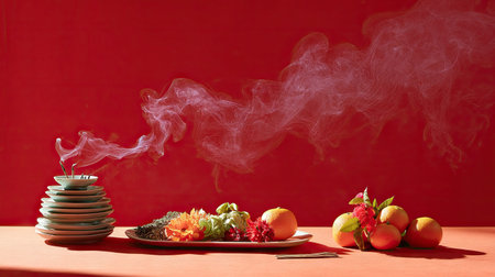 This captivating still life features a stack of dishware emitting delicate smoke, accompanied by vibrant oranges and colorful flowers against a bold red backdrop.の素材
