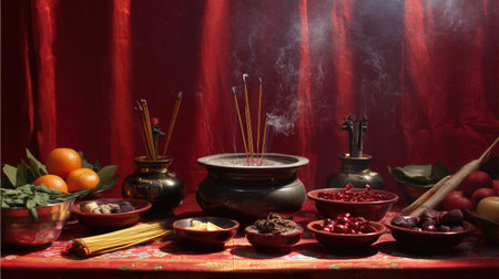 This captivating image showcases a traditional altar adorned with incense, fresh fruits, and ritual offerings, all set against a vibrant red background, inviting tranquility and reverence.の素材