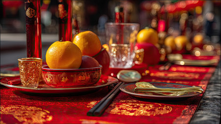 This vibrant festive table setting features oranges and ornate golden tableware, symbolizing prosperity and celebration. Perfect for cultural occasions and gatherings.の素材