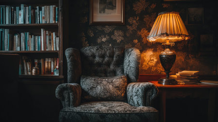 A charming reading nook featuring a plush vintage chair, a gently glowing lamp, and filled bookshelves, creating a warm and inviting atmosphere perfect for relaxation.の素材