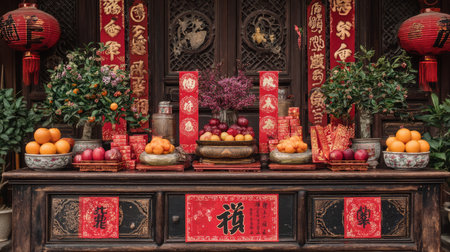 This captivating image features a traditional Chinese New Year celebration table adorned with vibrant fruits, elegant decorations, and symbolic calligraphy, evoking a sense of prosperity and joy.の素材