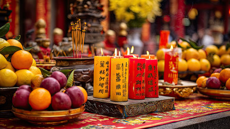 A beautifully arranged altar featuring colorful candles, traditional fruits, and incense, symbolizing blessings and prosperity during a cultural celebration.の素材