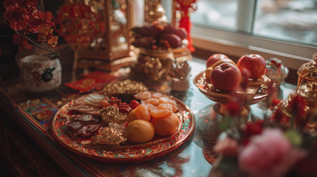 A beautifully arranged traditional table setting for Chinese New Year, showcasing a variety of delicacies, fresh fruits, and festive decorations, capturing the essence of celebration.の素材