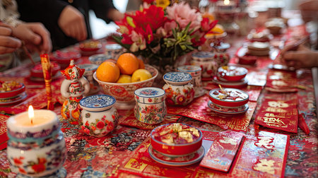 This captivating image showcases a beautifully arranged table for a Chinese New Year celebration, featuring traditional dishes, fruits, and decorative elements that symbolize prosperity and harmony.の素材