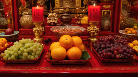 This vibrant altar display features an array of fresh fruits, lit candles, and ornate decorations, symbolizing abundance and spiritual respect in festive celebrations.の素材
