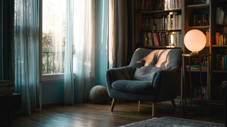This image captures a cozy living room featuring a soft armchair illuminated by warm lighting, creating a tranquil atmosphere perfect for relaxation and reading.の素材