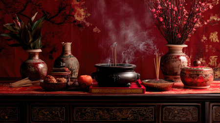 This image captures a serene atmosphere of a traditional Asian ceremony featuring an incense burner, decorative pots, and vibrant floral arrangements.の素材