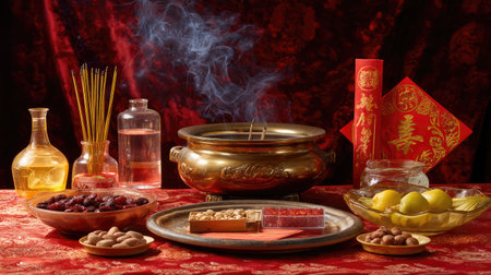 This vibrant image showcases a traditional Asian spiritual offering featuring incense, fruits, and sweets, capturing the essence of celebration and rituals.の素材