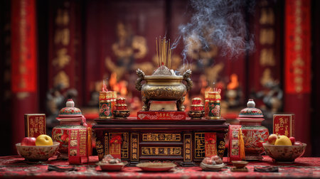 An ornate traditional Asian altar adorned with incense, fruits, and decorative items creates a serene atmosphere for spiritual reflection and cultural rituals.の素材