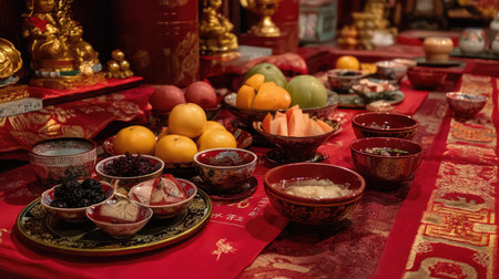 A beautifully arranged traditional altar offering featuring an array of colorful fruits, sweets, and ritual items, symbolizing respect and celebration in cultural practices.の素材