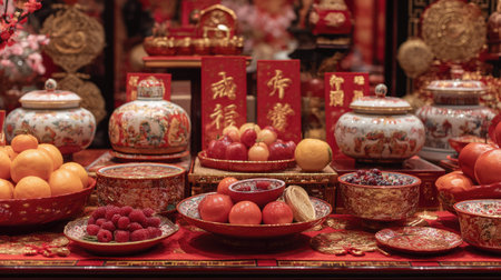 A captivating arrangement of colorful fruits, meticulously displayed on ornate tableware, creates a warm and festive ambiance perfect for celebrations.の素材