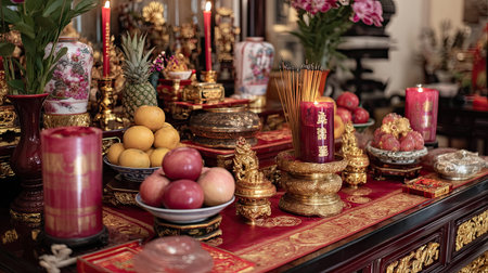 This image showcases a traditional Asian altar, beautifully adorned with an array of fruits, candles, and incense, reflecting deep cultural and spiritual significance.の素材