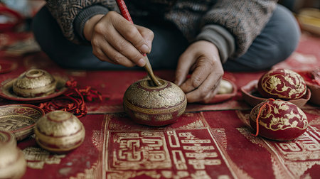 Close-up of a skilled artisan delicately hand painting intricate golden designs on a traditional ornamental piece, surrounded by vivid textiles.の素材