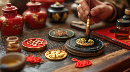 A skilled artisan carefully applies gold paint to a decorative plate in a cozy workshop filled with traditional craft elements and rich colors.の素材