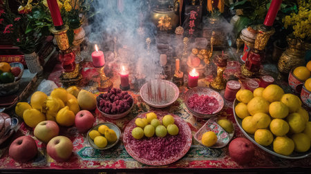 Vibrant altar table adorned with a variety of fruits, colorful candles, and incense, showcasing cultural rituals and celebrations filled with harmony and joy.の素材