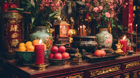 This image captures a vibrant traditional altar featuring a harmonious arrangement of fruits, flowers, and candles, creating a festive atmosphere for cultural rituals.の素材
