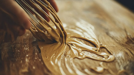 A close-up image showcasing a hand whisking a creamy mixture on a wooden surface, highlighting the smooth texture and elegant swirl. Perfect for culinary inspiration.の素材