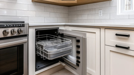 This image showcases a modern kitchen featuring an open dishwasher integrated into an elegant cabinet, emphasizing contemporary design trends.の素材
