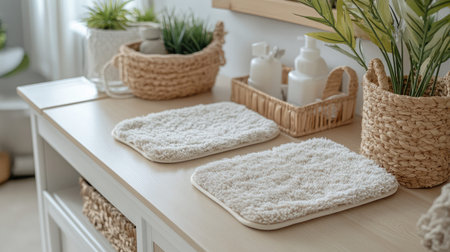 A beautifully arranged bathroom scene featuring soft rugs and natural decor elements, promoting comfort and relaxation in a stylish environment.の素材