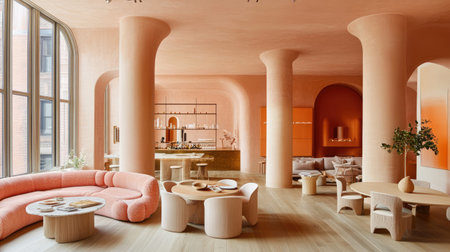 A modern lounge area featuring a harmonious blend of pastel colors and stylish furniture, creating a warm and inviting atmosphere for relaxation and socializing.の素材