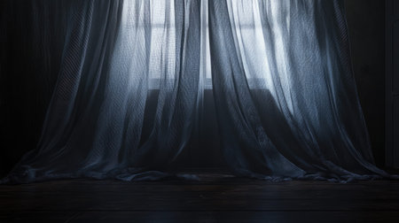 A serene scene featuring soft sheer curtains gently draped in front of a window, allowing natural light to filter through, creating a warm ambiance.の素材