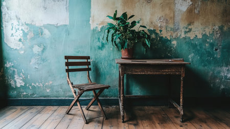 A rustic wooden chair complements a weathered table adorned with a potted plant, showcasing a vintage interior with peeling paint. This serene setting embodies warmth and simplicity, perfect for aesthetic dの素材