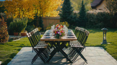 A beautifully arranged outdoor dining table, surrounded by vibrant autumn foliage, offers a warm and inviting space for gatherings. The colorful flower centerpiece adds charm and elegance to the serene setting.の素材