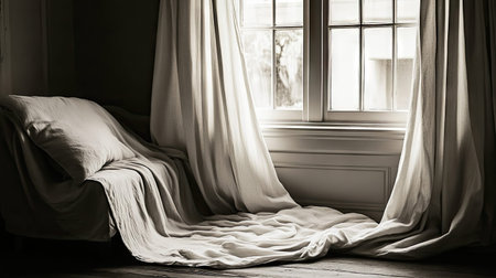 A tranquil interior scene featuring soft linen drapes elegantly framing a window, letting in gentle natural light that enhances the serene atmosphere.の素材