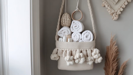 This image showcases a stylish bathroom decor featuring neatly rolled towels in a chic hanging basket, embodying a cozy and minimalist aesthetic.の素材