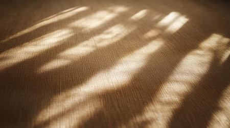 This image showcases soft natural light casting intricate shadows on a textured beige surface, creating an inviting and serene atmosphere ideal for interior design concepts.の素材