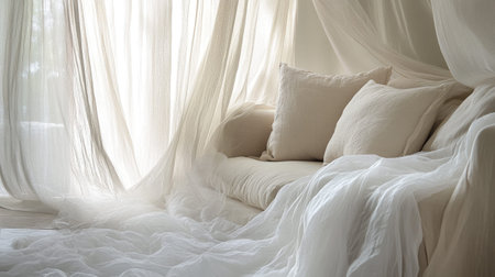 A beautifully lit living room showcasing a cozy sofa adorned with soft cushions and surrounded by ethereal white drapes, creating a serene atmosphere.の素材