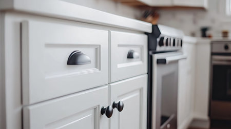 This image captures a modern kitchen featuring white cabinetry and stainless steel appliances, emphasizing elegance and functionality in a bright atmosphere.の素材