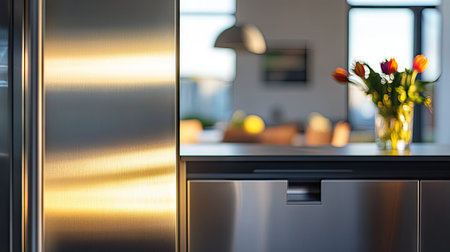 A beautifully designed modern kitchen featuring sunlight reflections on stainless steel surfaces and a vibrant vase of fresh tulips, creating a warm atmosphere.の素材