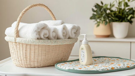 A serene bathroom scene featuring rolled white towels neatly arranged in a wicker basket alongside a bottle of lotion placed on a floral mat, creating a peaceful and inviting atmosphere.の素材