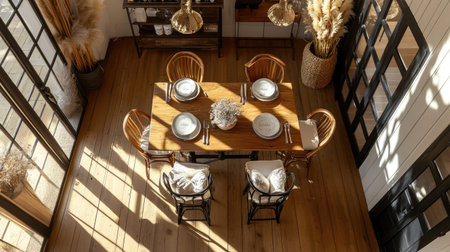 This beautifully arranged dining room features a wooden table, stylish chairs, and inviting decor, illuminated by soft sunlight for a tranquil ambiance.の素材