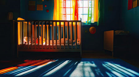 This serene nursery room features a crib surrounded by colorful curtains, casting beautiful shadows on the floor during golden hour light, creating a warm atmosphere.の素材