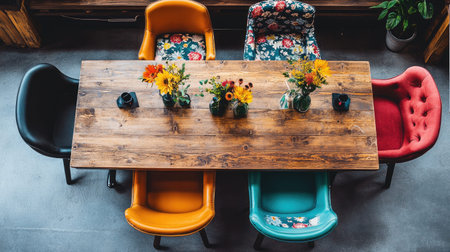 A vibrant wooden table surrounded by colorful chairs showcases fresh flower arrangements, creating a cheerful and inviting atmosphere in a workspace.の素材