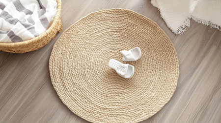 This image features a round natural fiber rug paired with white slippers and a cozy basket, creating a warm and inviting atmosphere in a modern interior.の素材