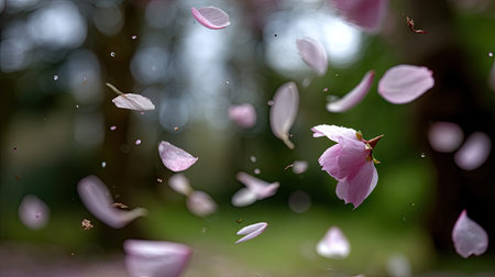 Experience the enchanting beauty of delicate cherry blossom petals as they gracefully float through a serene garden setting, capturing the essence of spring.の素材