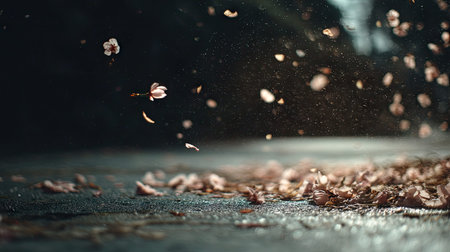 A mesmerizing display of delicate pink petals gracefully falling on a sunlit pathway, creating a tranquil and serene atmosphere. The soft, blurred background enhances the beauty of this fleeting moment in nature.の素材