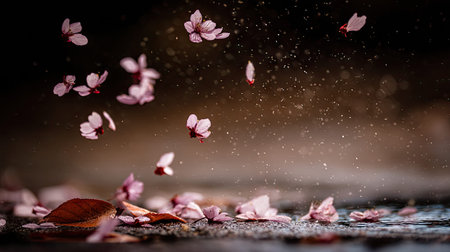 Captivating scene of cherry blossom petals floating gracefully in the air, surrounded by a serene backdrop of soft rainfall, highlighting nature's beauty.の素材
