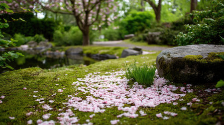 A serene garden scene featuring a pathway adorned with pink petals scattered over moss, surrounded by lush greenery and a tranquil pond nearby.の素材