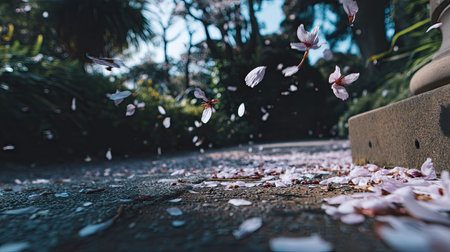 A captivating scene of cherry blossom petals gracefully falling on a sunlit garden pathway, surrounded by vibrant greenery and nature's tranquility.の素材