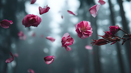 This captivating image features floating pink flower petals drifting in a misty forest, creating a serene and ethereal atmosphere, perfect for nature enthusiasts.の素材