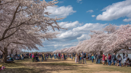 A lively crowd enjoys a cherry blossom festival on a beautiful spring day, surrounded by blooming trees and a clear blue sky.の素材