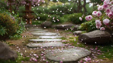 A picturesque pathway in a tranquil garden adorned with cherry blossom petals and smooth stones, creating a serene atmosphere surrounded by vibrant greenery.の素材