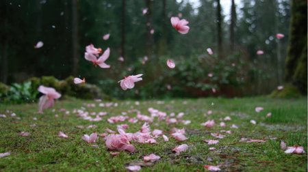 Delicate pink petals fall gracefully onto vibrant green grass, creating a beautiful scene in a serene forest during a gentle rain. Ideal for nature lovers.の素材