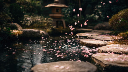 A peaceful Japanese garden scene featuring gently floating cherry blossom petals on water. Stones create a tranquil path through lush greenery, evoking serenity.の素材